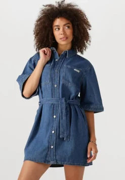 blauwe calvin klein mini jurk linen boxy belted shirt dress