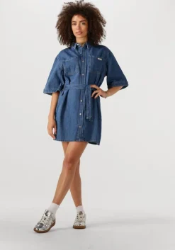 blauwe calvin klein mini jurk linen boxy belted shirt dress