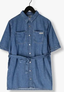 blauwe calvin klein mini jurk linen boxy belted shirt dress