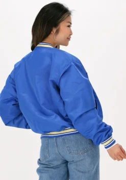 blauwe colourful rebel jack felicia patch satin bomber jacket
