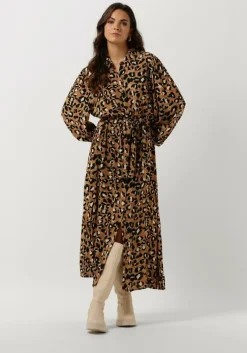 bruine colourful rebel maxi jurk kera leopard maxi shirt dress