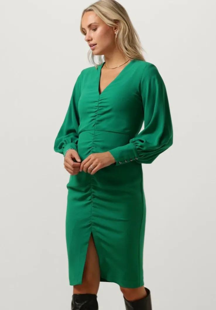 groene access mini jurk ruched dress with v neckline