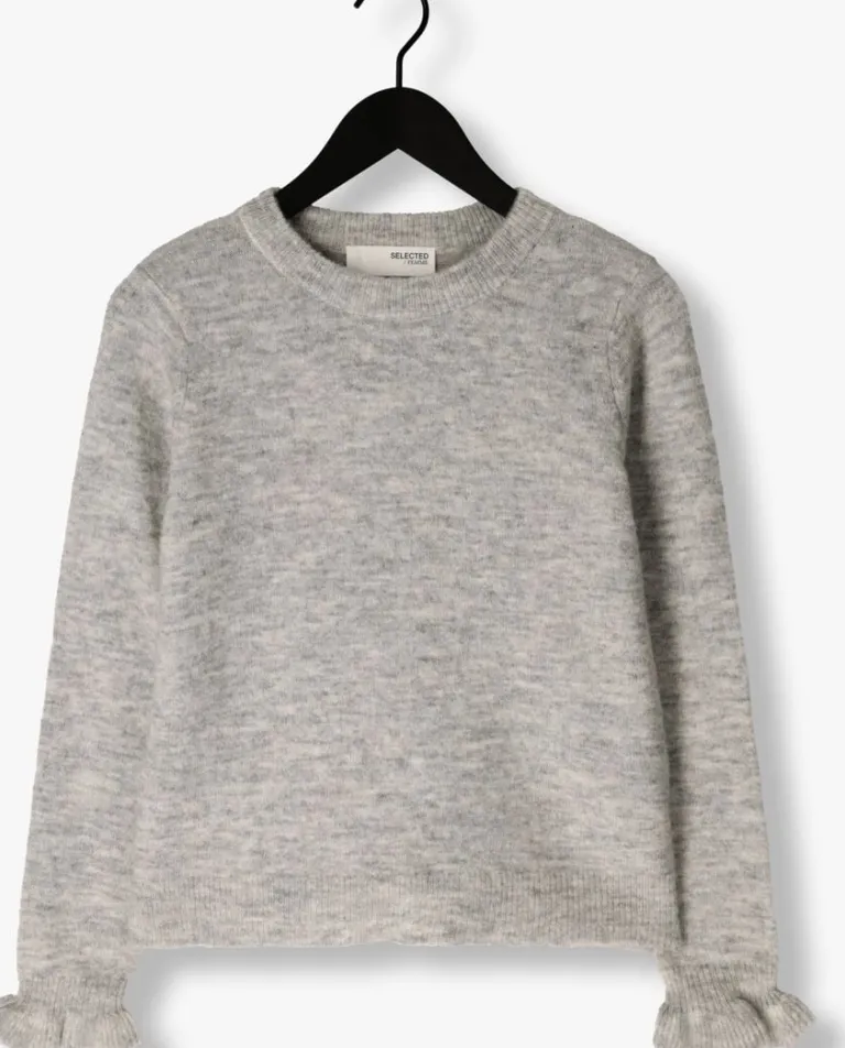 SELECTED FEMME lichtgrijze trui slflulu ls knit frill cuff o-neck>DAMES Truien & Vesten