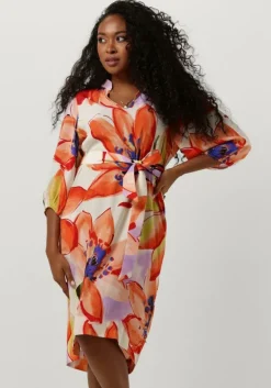 oranje jansen amsterdam midi jurk wbf514 woven print dress kneelength v-neck 3/4 puffed sleeve