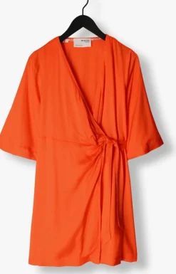 oranje selected femme mini jurk slffranziska 3/4 short satin wrap dress