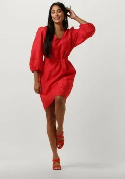 JANSEN AMSTERDAM rode mini jurk ff517 dress 3/4 puffed sleeve v-neck>DAMES Jurken
