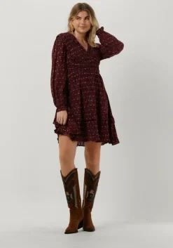 rode scotch & soda mini jurk long sleeved lurex jacquard ruffle dress with v-neck