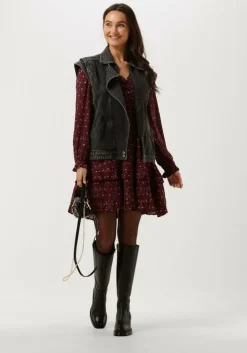 rode scotch & soda mini jurk long sleeved lurex jacquard ruffle dress with v-neck