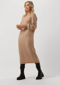 taupe selected femme midi jurk glowie ls knit o-neck dress