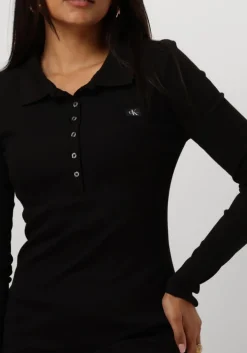 zwarte calvin klein midi jurk woven label rib polo ls dress