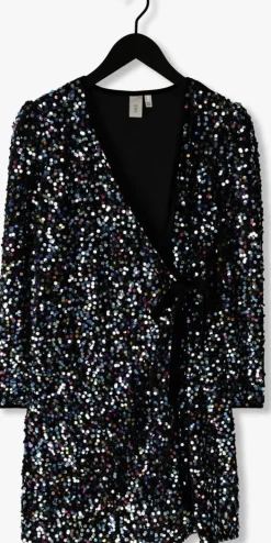 zwarte y.a.s. mini jurk yaskillo sequin ls wrap dress